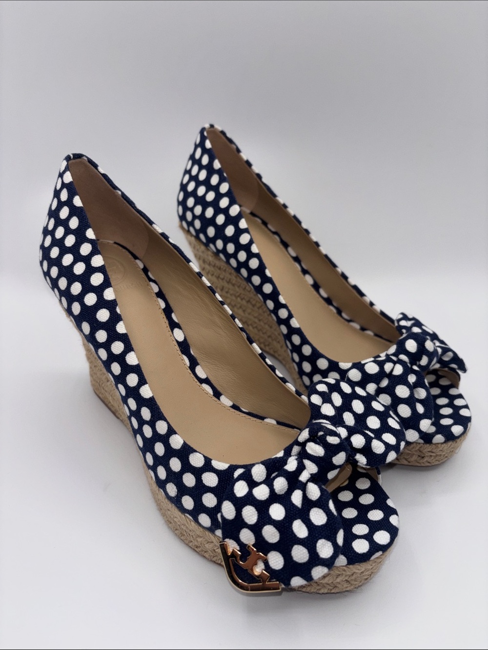 Tory Burch Navy and White Polka Dot Peep-Toe Espadrille Wedges